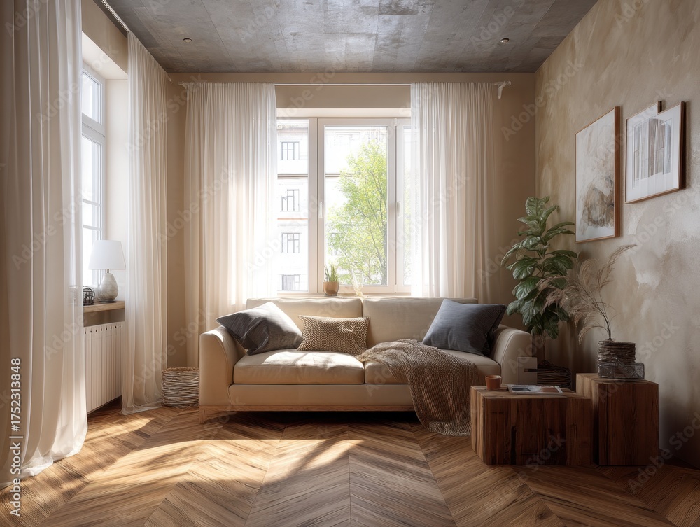 Fototapeta premium A living room with a couch, a potted plant, and a vase
