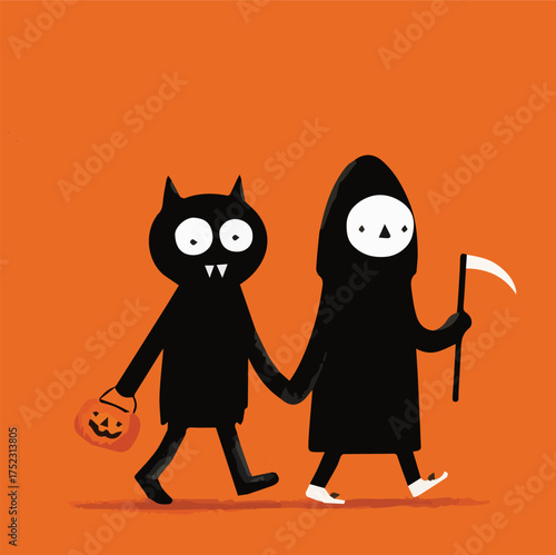 Cute Halloween cartoon characters walking together, fun modern art mascot illustration with pumpkin, werewolf and grim reaper