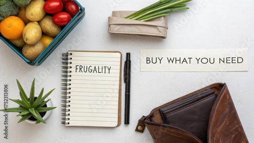 Composition featuring groceries, a notebook with 