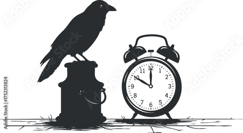 A silhouette of a crow perched beside an alarm clock on a wooden surface.