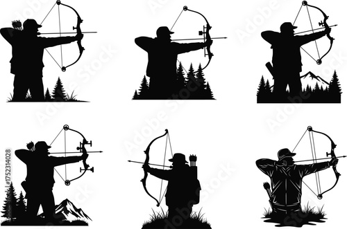 Archery silhouette vector set, compound bow hunter illustration, outdoor archer pose, forest sports design, mountain background, wild nature graphic, stock template