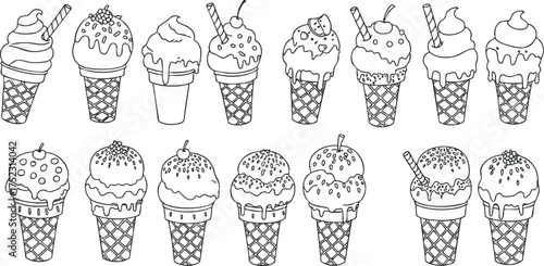 A collection of various ice cream cones featuring different flavors and toppings in outline style.