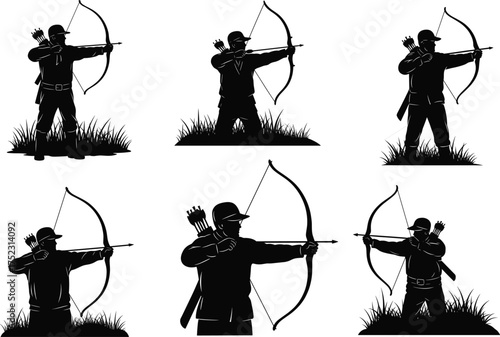 Archery stance silhouette vector, bow and arrow illustration, outdoor archer pose, grassy terrain design, traditional hunting graphic, sports theme, stock template
