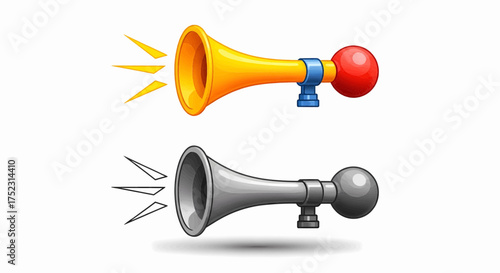 Colorful and monochrome bulb horn set making a loud honking sound, a classic air klaxon vector illustration