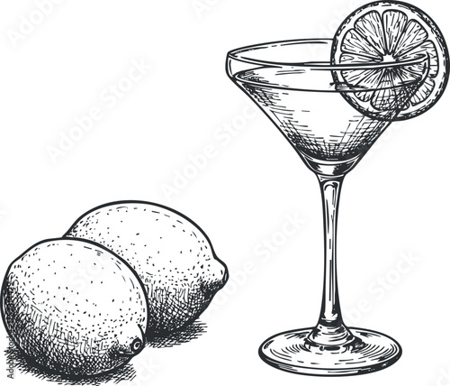 A hand-drawn illustration of a cocktail glass with lemon and two lemons beside it.