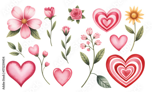 Romantic watercolor flowers and hearts in soft pastel shades. Soft watercolor hearts and blooming flowers in romantic shades.