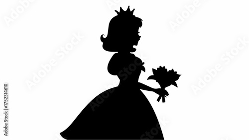 Silhouette of a princess with a crown holding a bouquet of flowers in her hand in black and white color