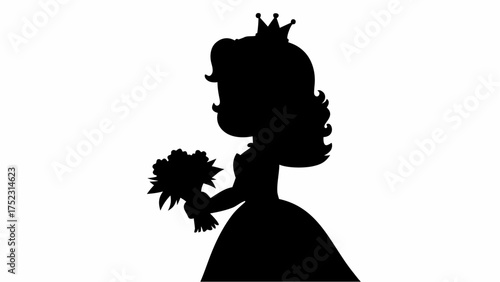 Silhouette of a princess with a crown holding a bouquet in a dress with curly hair design vector