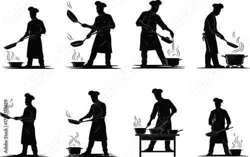 Chef silhouettes cooking food, stirring pots, flipping pans, pouring ingredients, wearing aprons and hats, vector illustration for culinary, kitchen, and restaurant themes
