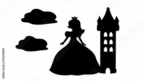 Silhouette of a princess with a crown next to a castle tower and two clouds in the background design
