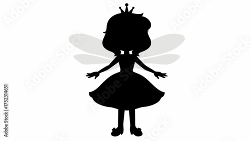 Silhouette of a fairy princess with a crown and wings standing straight on a white background image view