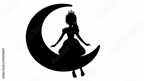 Silhouette of a princess with a crown sitting on a crescent moon in black and white illustration design