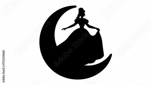 Silhouette of a woman in a gown standing on a crescent moon in black and white simple vector design