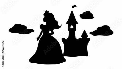 Silhouette of a princess with a crown standing next to a castle with clouds in the background view scene
