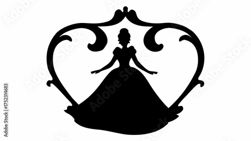 Silhouette of a woman in a gown with arms outstretched framed by an ornate decorative border design