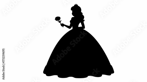 Silhouette of a princess in a gown holding a rose with a crown on her head in a black and white image