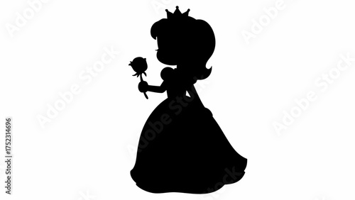 Silhouette of a princess with a crown and a long dress holding a rose in her hand in a white background