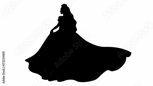 Silhouette of a woman in a gown with long flowing hair and a detailed dress in black and white art