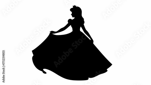Silhouette of a princess with a crown and a large dress standing on a white background is shown here