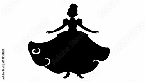Silhouette of a woman in a large gown with puffed sleeves and swirl details on the bottom edge of dress