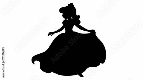 Silhouette of a woman in a ball gown holding the skirt with curly hair and a bun on her head