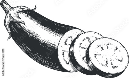 Illustration of an eggplant with sliced pieces showcasing its rich texture and healthy properties.