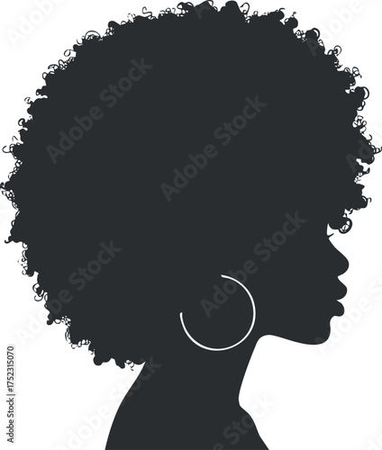 A stylish silhouette of a woman with an afro hairstyle and an earring in profile view.