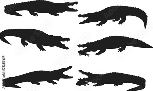 Crocodile silhouettes in aggressive and neutral poses, black vector reptiles, wildlife behavior, side profile, biting action, nature illustration, stock content