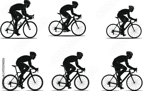 Cyclist silhouette vector, road bike training, aerodynamic posture illustration, helmet gear, racing motion, sports activity, athletic speed, competitive cycling concept, black outline