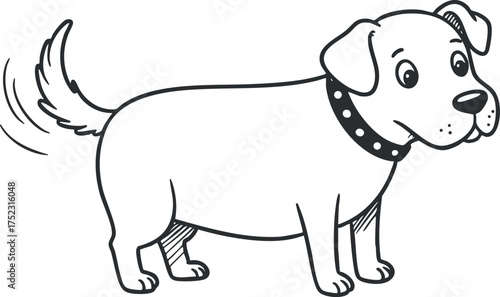 A playful cartoon illustration of a happy dog with a wagging tail and friendly demeanor.