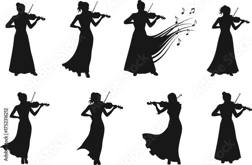 Elegant female violinist silhouettes in long dresses, performing classical music, expressive poses, musical notes, artistic vector illustration for concert, orchestra, and music themes