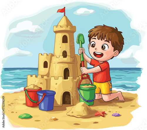 Cartoon child building sandcastle on beach with buckets and shovel, summer playtime scene, ocean background, white educational illustration