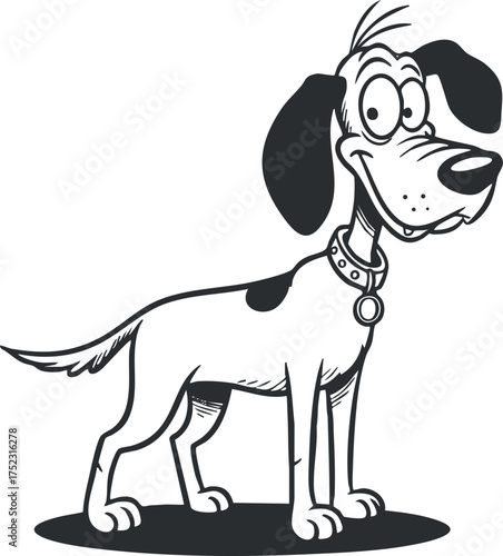 A cheerful cartoon dog with a playful expression illustrated in black and white.