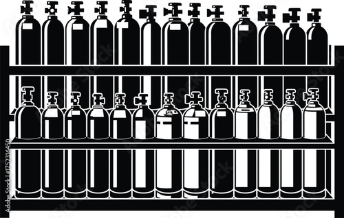 Gas cylinder storage illustration, industrial safety equipment, pressurized tank rack, black and white vector, laboratory inventory, medical oxygen container, organized shelf layout