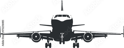 A silhouette of a commercial airplane viewed from the front showcasing its design and structure.