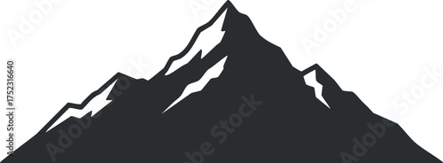 Stylized silhouette of a mountain peak with rugged terrain and snow-capped summit.