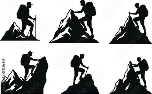 Mountain climber silhouette, hiking adventure, rugged terrain, summit victory, outdoor exploration, backpack trekker, wilderness challenge, peak ascent, nature journey, extreme sports vector