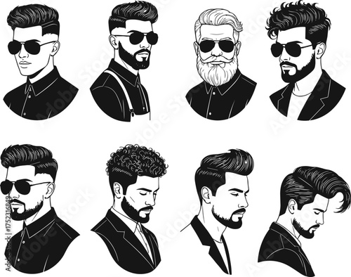 Modern male hairstyle portraits, facial hair styles, grooming trends, black and white vector illustration, character design reference, stylish men, fashion grooming concept