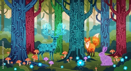 Enchanted Techno-Forest.Whimsical flat vector scene of an enchanted forest where tree trunks are covered in glowing neon circuits and creatures with light-patterned coats roam.