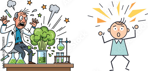 Cartoon scientists reacting to explosion, chemical lab mishap, green liquid blast, funny experiment scene, dramatic science illustration
