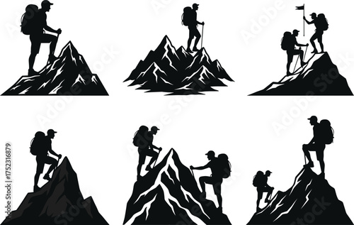 Mountain climber silhouette, teamwork on peaks, hiking adventure, rugged terrain, summit triumph, outdoor exploration, helping hand, backpack trekker, wilderness challenge, vector illustration