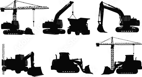 Silhouette collection of construction machinery, excavator, bulldozer, crane, backhoe loader, heavy equipment illustration, black outline industrial vehicles, building site vector design