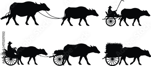 Ox cart silhouette vector, rural transport illustration, traditional farming scene with hay, cargo, seated rider, black graphic for agriculture lifestyle design
