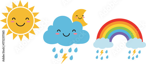Cute cloud and moon with rainbow cartoon vector illustration