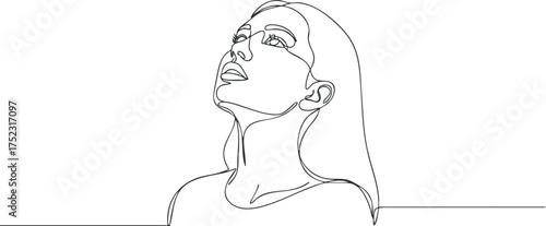 A minimalist line art portrait of a woman gazing upwards in a contemporary style.
