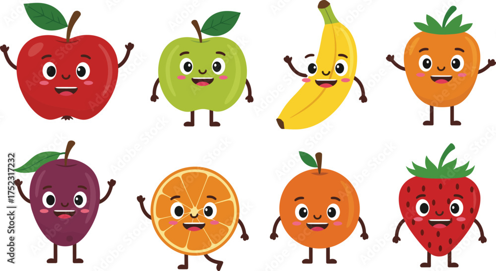 Obraz premium Cute fruits and vegetables characters with smiling faces cartoon vector