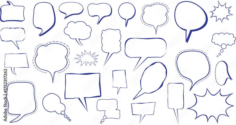 Fototapeta premium Vector art of collection of handdrawn speech bubble shapes in various styles, isolated on a