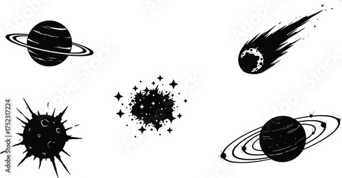 Silhouette space icons, ringed planets, comet meteor, cratered moon, cosmic explosion, star cluster, astronomy illustration, celestial objects, galaxy design, universe art