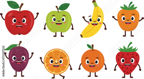 Cute fruits and vegetables characters with smiling faces cartoon vector