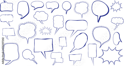 Vector art of collection of handdrawn speech bubble shapes in various styles, isolated on a